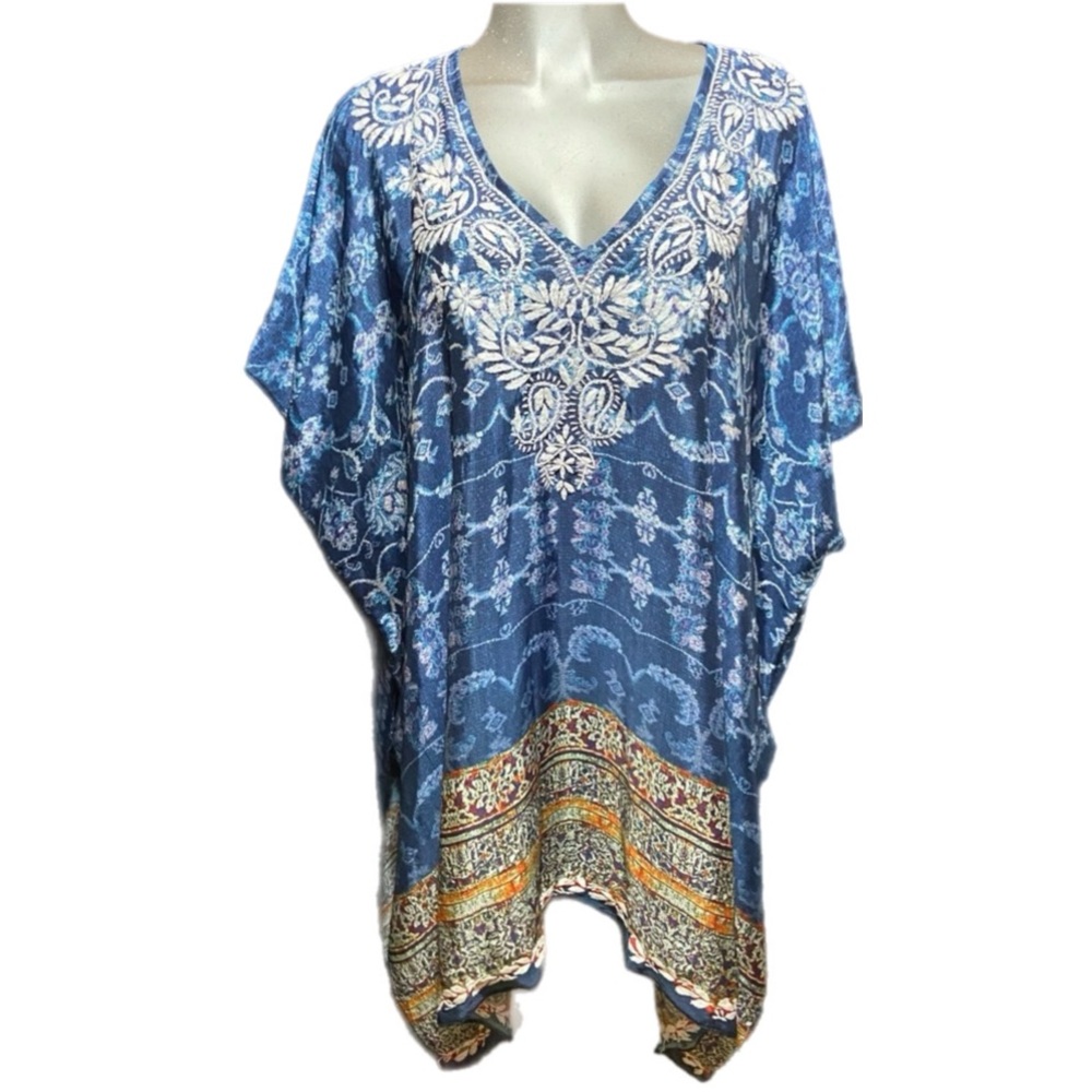 LOVE KYLA Silk Oversized Tunic Top Shawl Dress Butterfly Sleeve Embroidered L/XL